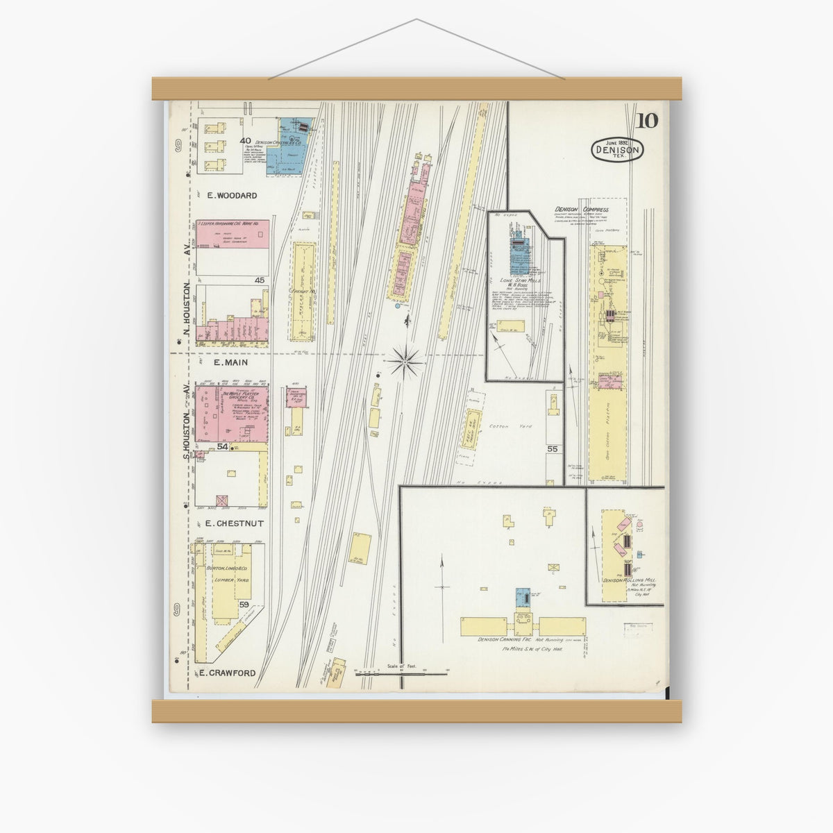 Old map wall art mockup — magnetic wood frame on white wall — Sanborn Fire Insurance Map from Denison, Grayson County, Texas (1892), Sheet #0010