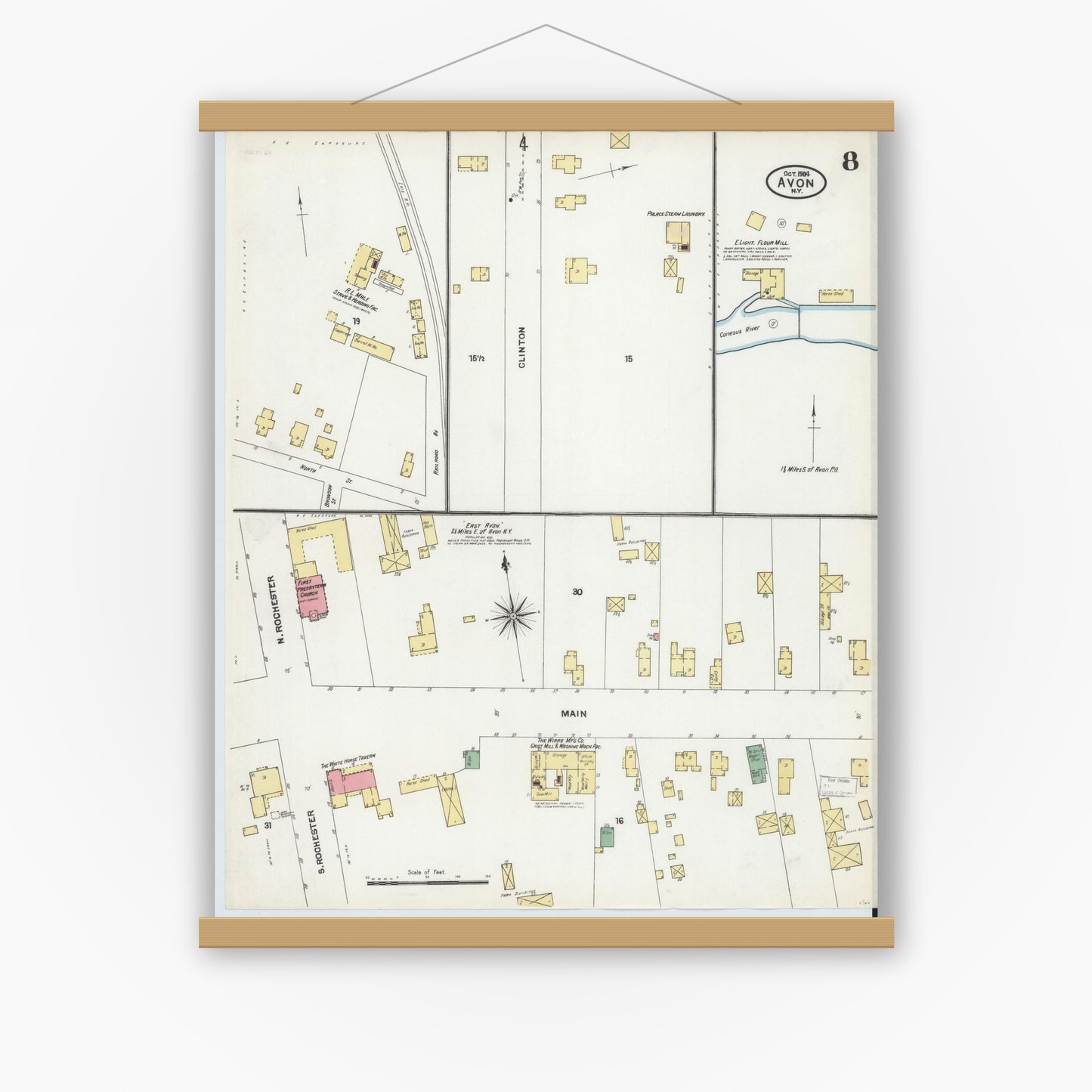 Old map wall art mockup — magnetic wood frame on white wall — Sanborn Fire Insurance Map from Avon, Livingston County, New York (1904), Sheet #0008