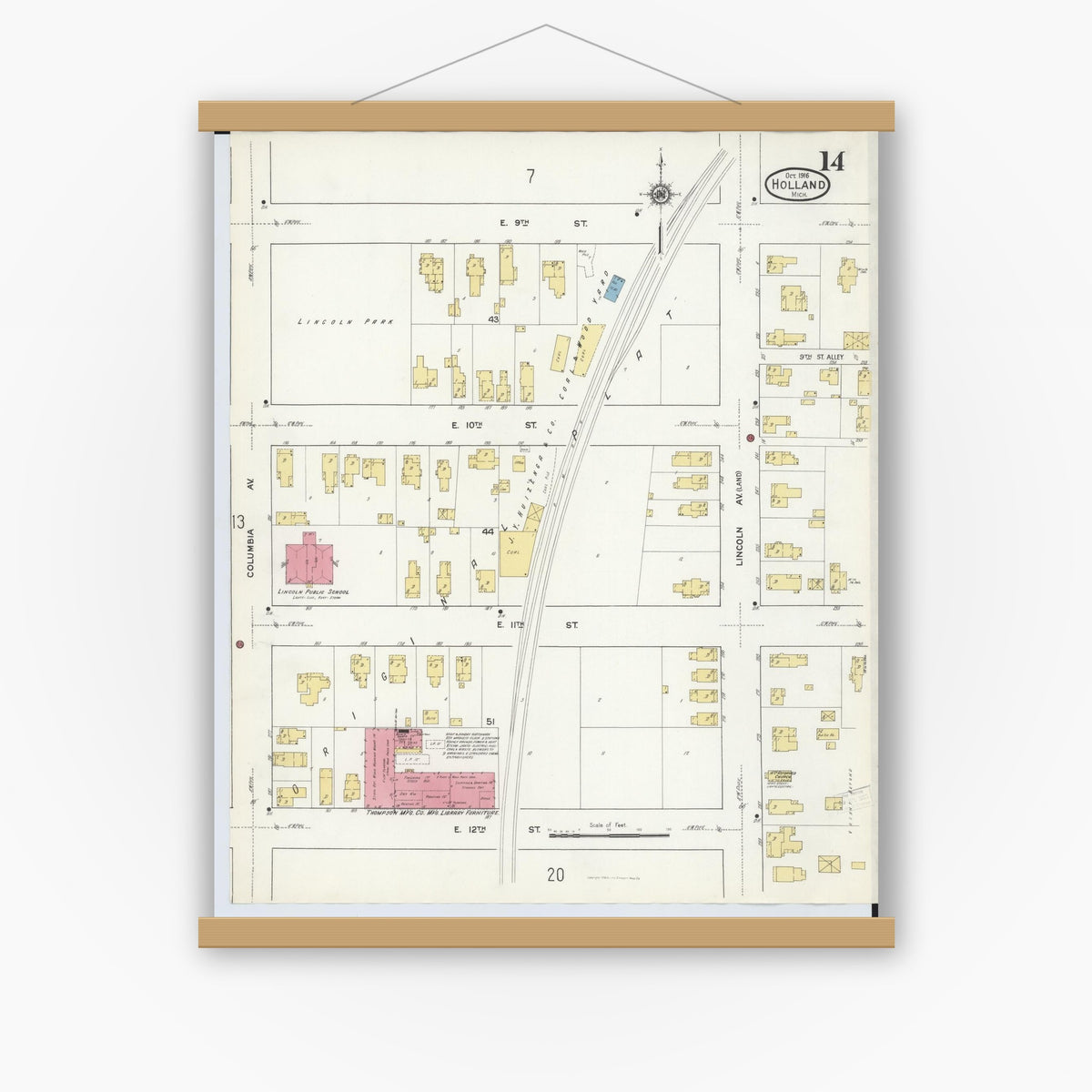 Old map wall art mockup — magnetic wood frame on white wall — Sanborn Fire Insurance Map from Holland, Ottawa County, Michigan (1916), Sheet #0014