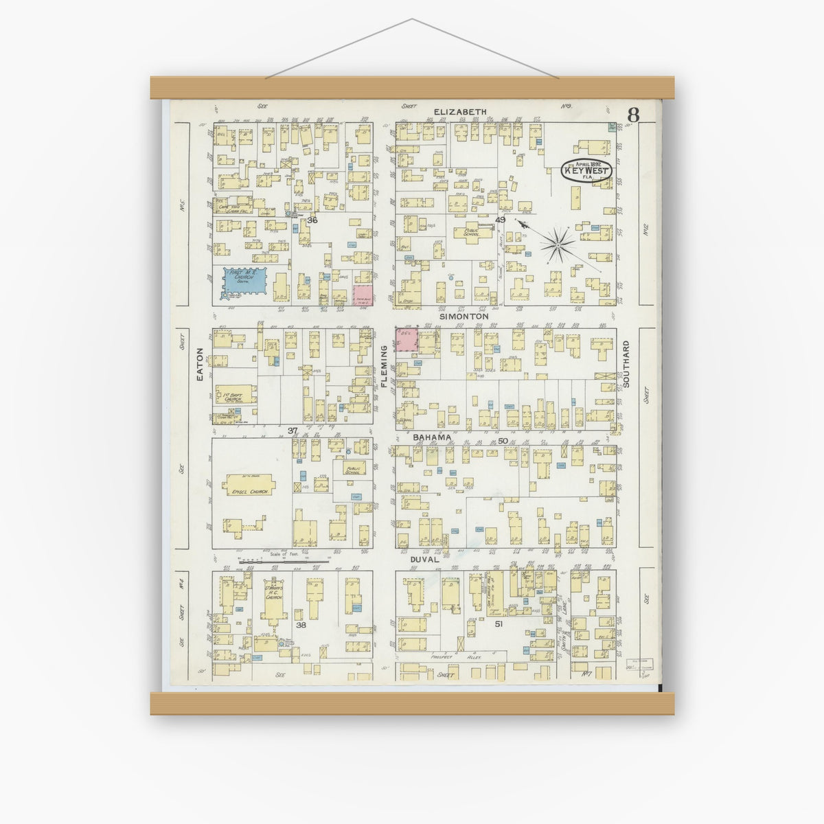 Old map wall art mockup — magnetic wood frame on white wall — Sanborn Fire Insurance Map from Key West, Monroe County, Florida (1892), Sheet #0008