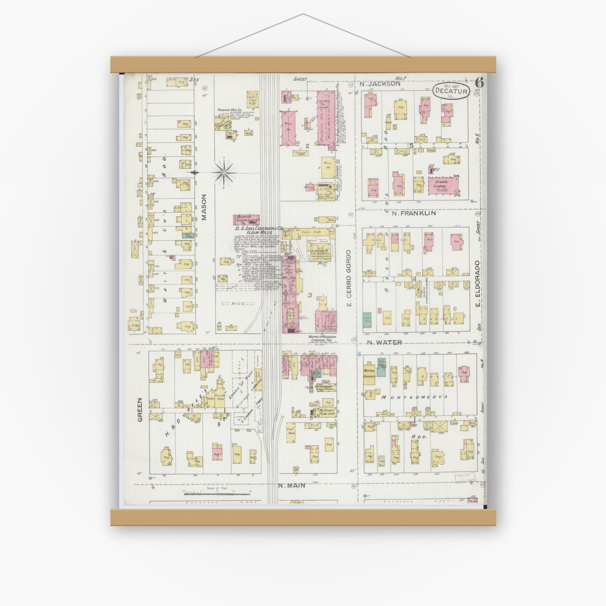 Old map wall art mockup — magnetic wood frame on white wall — Sanborn Fire Insurance Map from Decatur, Macon County, Illinois (1887), Sheet #0006