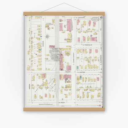 Old map wall art mockup — magnetic wood frame on white wall — Sanborn Fire Insurance Map from Decatur, Macon County, Illinois (1887), Sheet #0006