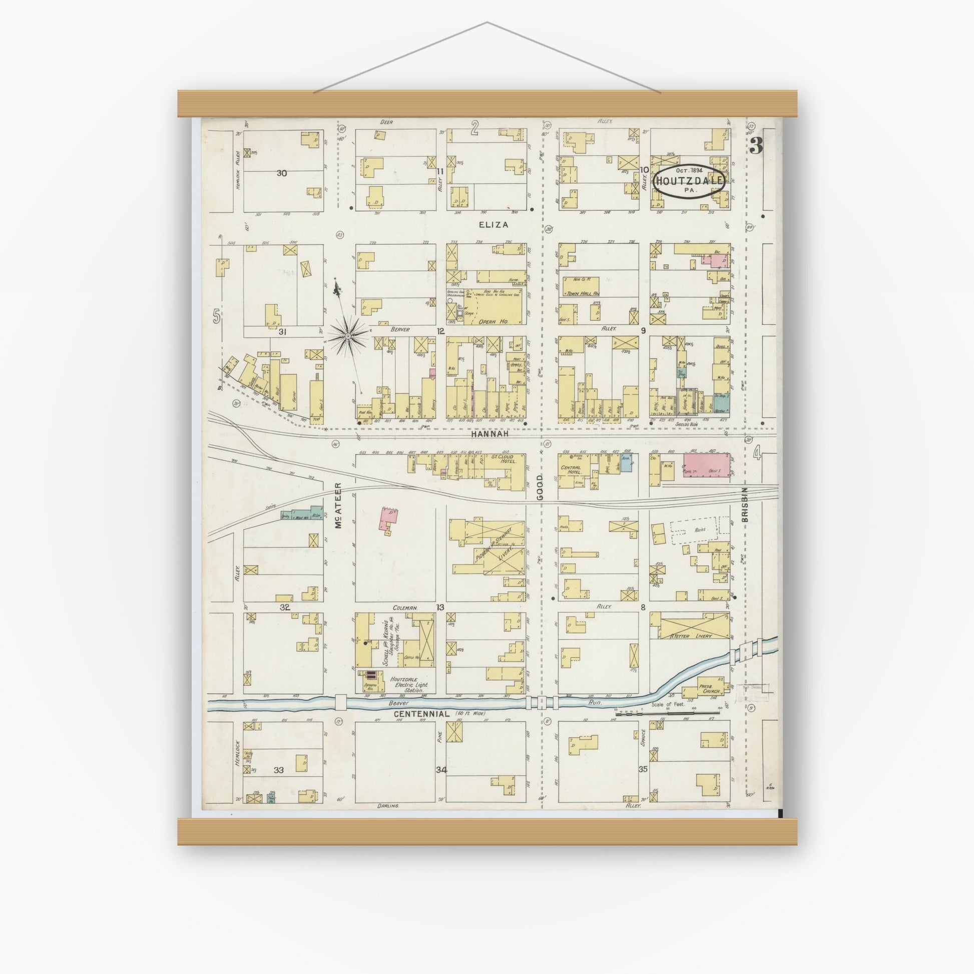 Old map wall art mockup — magnetic wood frame on white wall — Sanborn Fire Insurance Map from Houtzdale, Clearfield County, Pennsylvania (1894), Sheet #0003