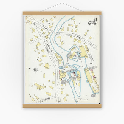 Old map wall art mockup — magnetic wood frame on white wall — Sanborn Fire Insurance Map from Newton, Middlesex County, Massachusetts (1892), Sheet #0021