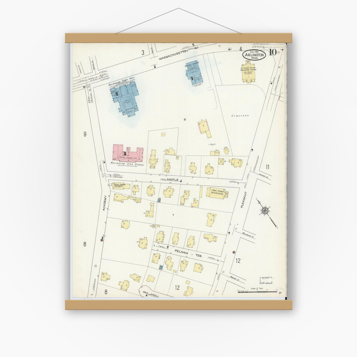 Old map wall art mockup — magnetic wood frame on white wall — Sanborn Fire Insurance Map from Arlington, Middlesex County, Massachusetts (1914), Sheet #0010