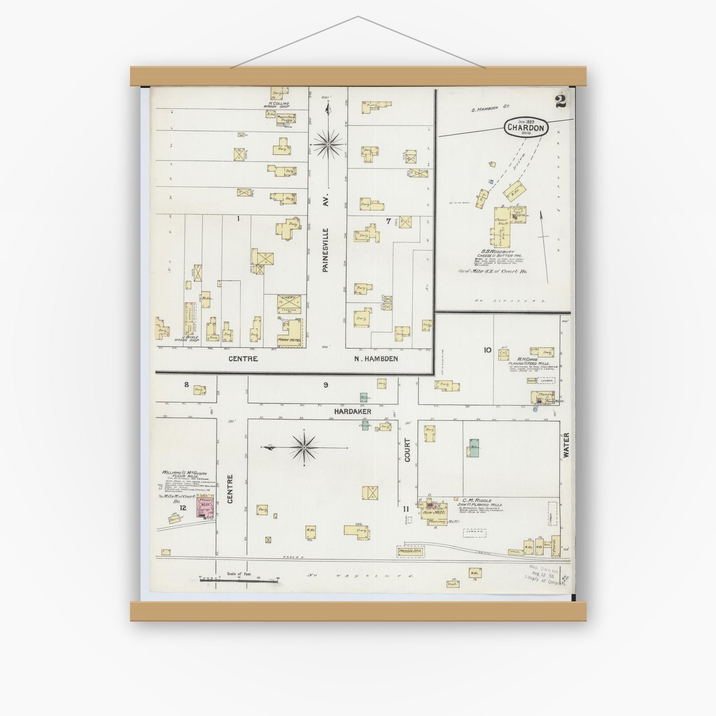 Old map wall art mockup — magnetic wood frame on white wall — Sanborn Fire Insurance Map from Chardon, Geauga County, Ohio (1889), Sheet #0002