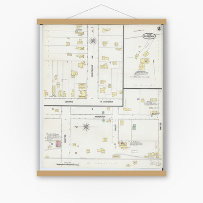 Old map wall art mockup — magnetic wood frame on white wall — Sanborn Fire Insurance Map from Chardon, Geauga County, Ohio (1889), Sheet #0002