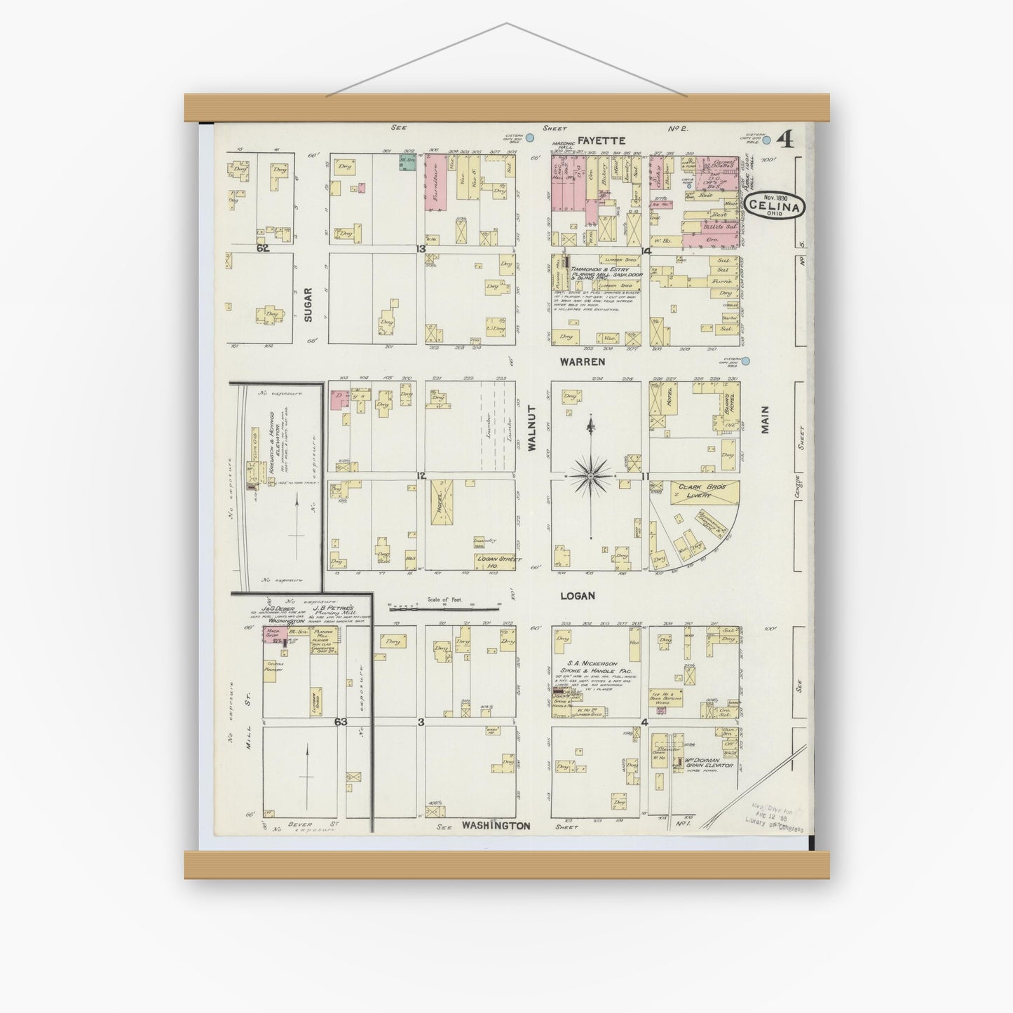 Old map wall art mockup — magnetic wood frame on white wall — Sanborn Fire Insurance Map from Celina, Mercer County, Ohio (1890), Sheet #0004