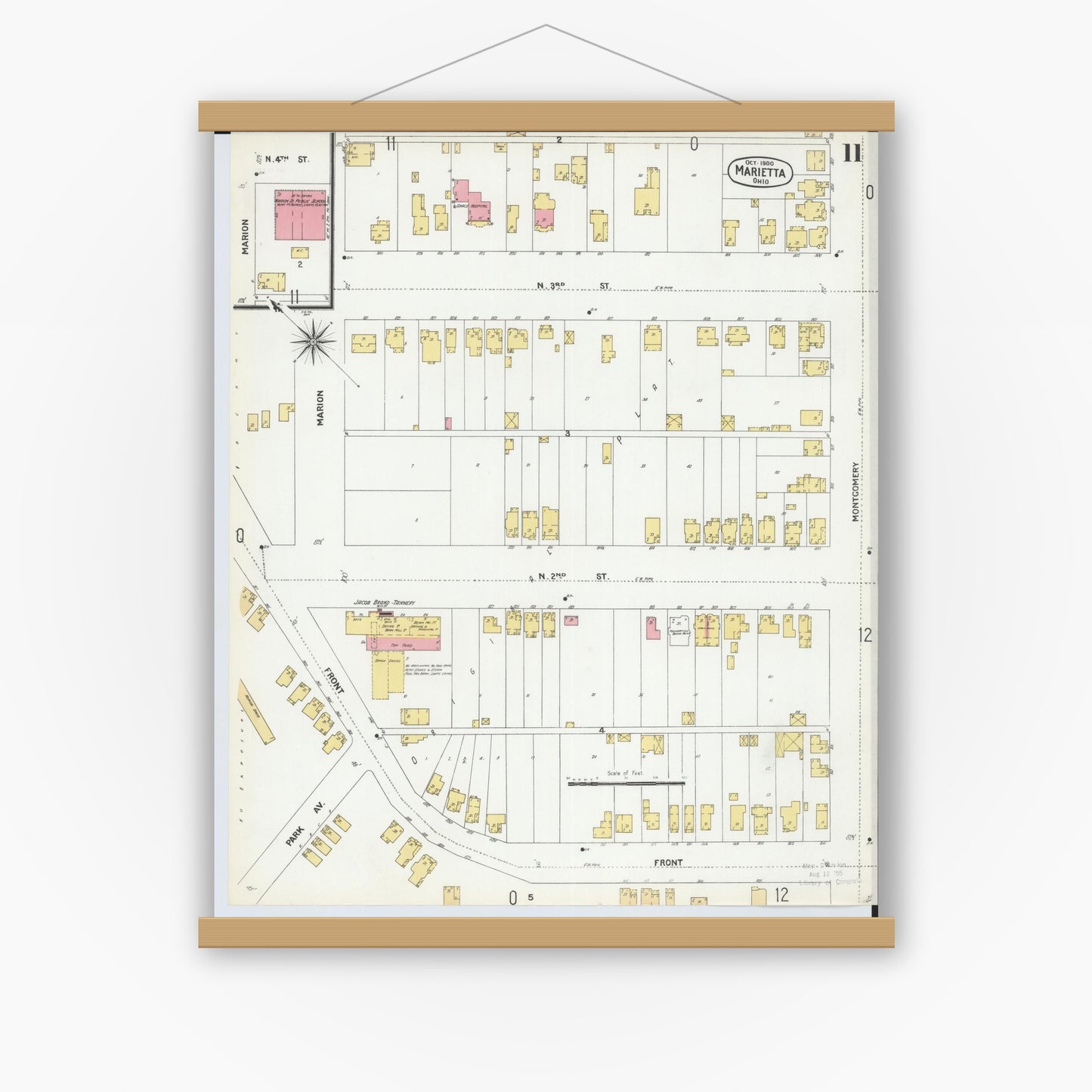 Old map wall art mockup — magnetic wood frame on white wall — Sanborn Fire Insurance Map from Marietta, Washington County, Ohio (1900), Sheet #0011