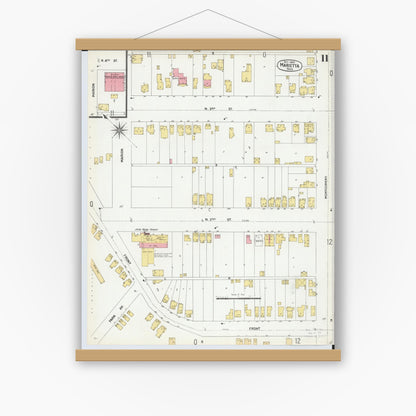 Old map wall art mockup — magnetic wood frame on white wall — Sanborn Fire Insurance Map from Marietta, Washington County, Ohio (1900), Sheet #0011