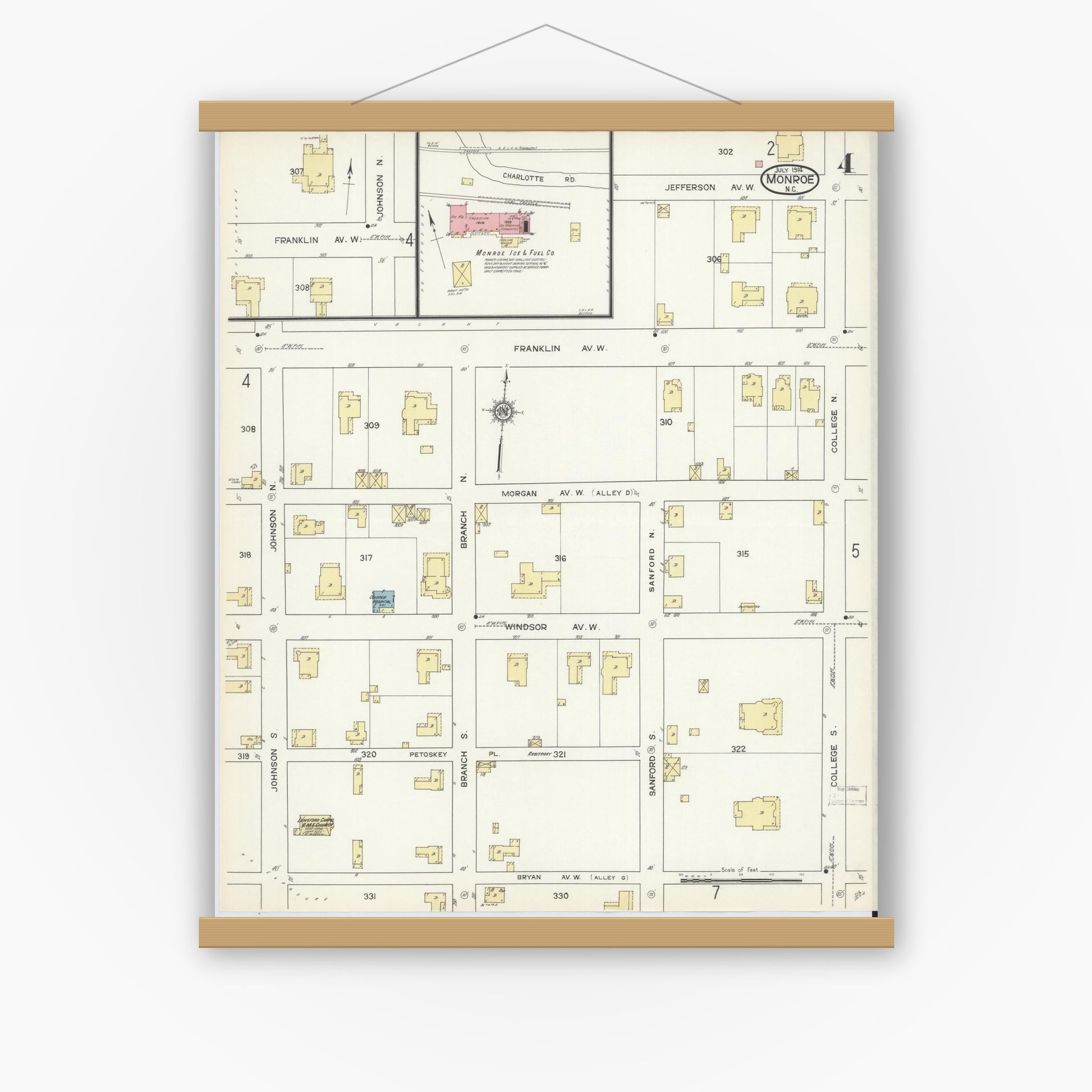 Old map wall art mockup — magnetic wood frame on white wall — Sanborn Fire Insurance Map from Monroe, Union County, North Carolina (1914), Sheet #0004