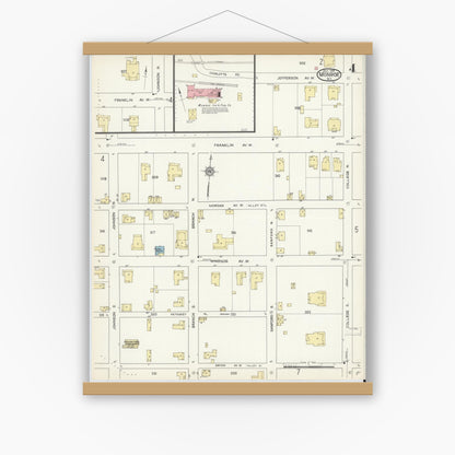 Old map wall art mockup — magnetic wood frame on white wall — Sanborn Fire Insurance Map from Monroe, Union County, North Carolina (1914), Sheet #0004