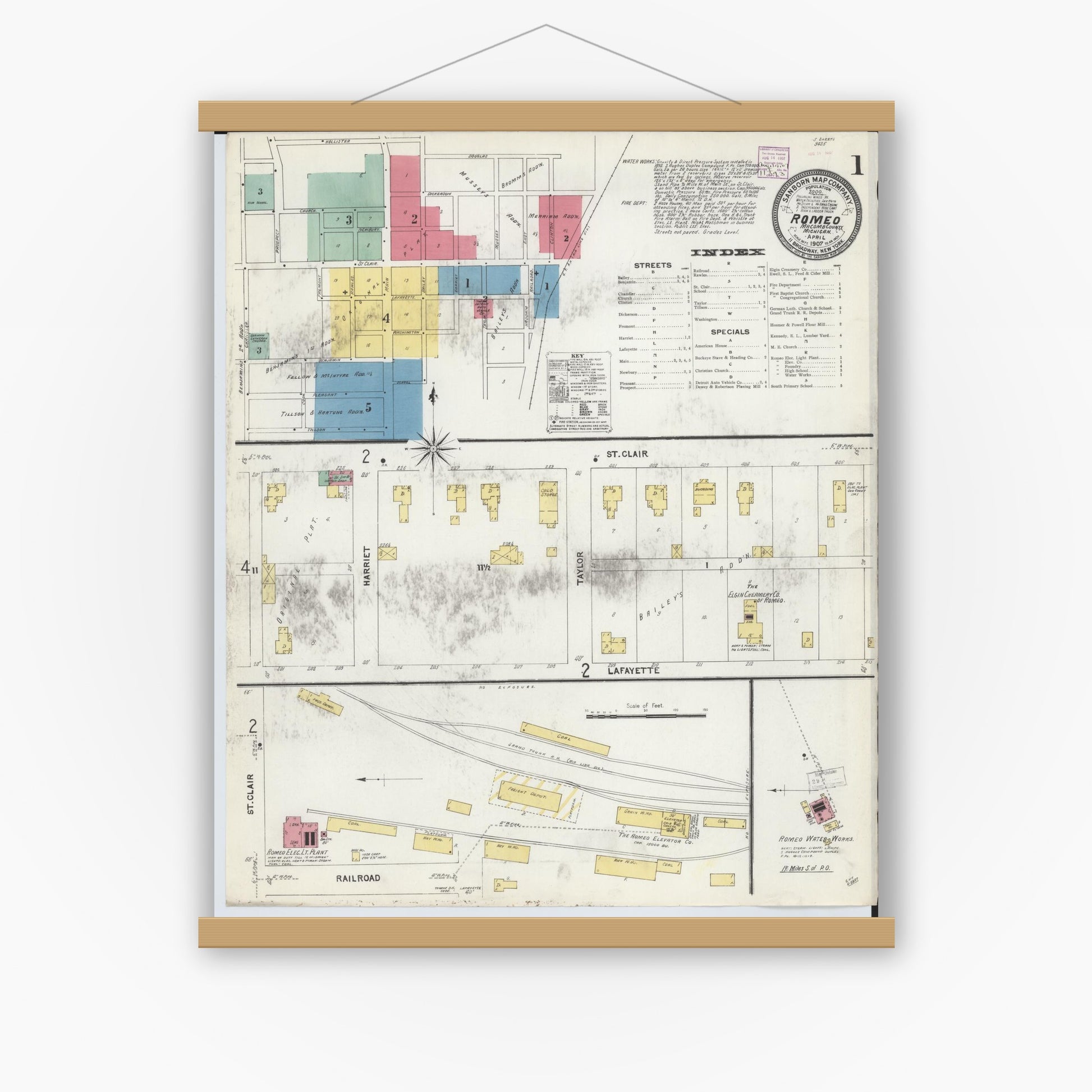 Old map wall art mockup — magnetic wood frame on white wall — Sanborn Fire Insurance Map from Romeo, Macomb County, Michigan (1907) - Complete Map Set