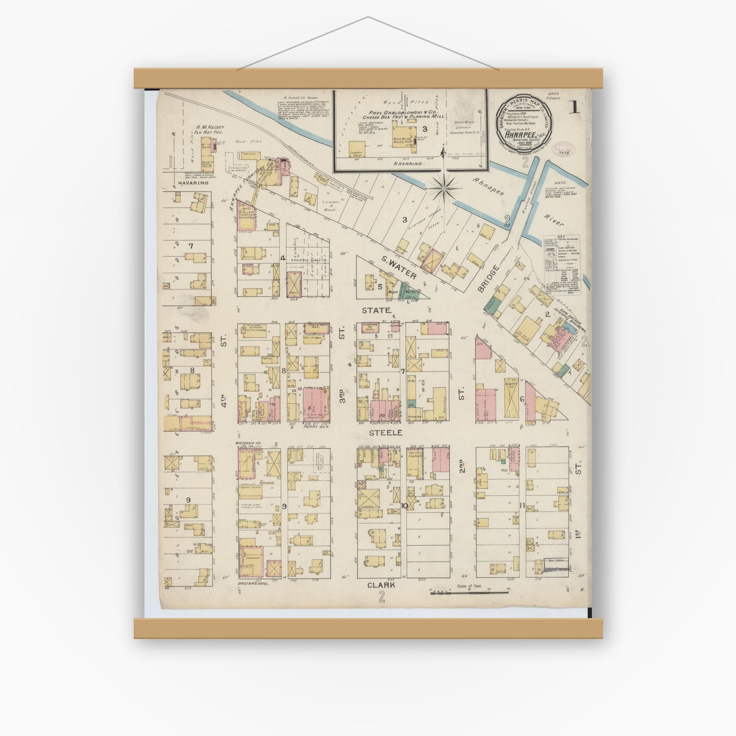 Old map wall art mockup — magnetic wood frame on white wall — Sanborn Fire Insurance Map from Ahnapee, Kewaunee County, Wisconsin (1894) - Complete Map Set