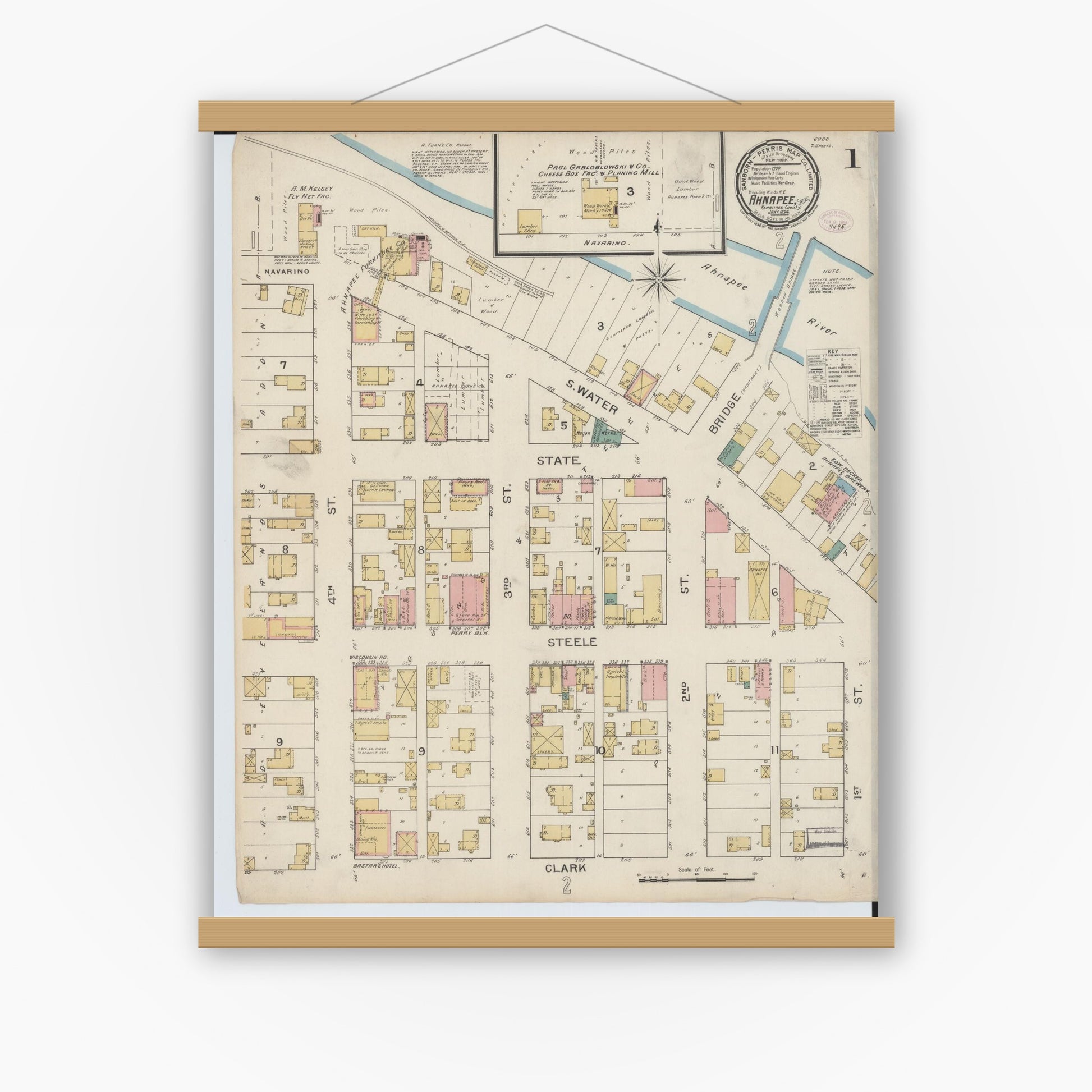 Old map wall art mockup — magnetic wood frame on white wall — Sanborn Fire Insurance Map from Ahnapee, Kewaunee County, Wisconsin (1894) - Complete Map Set