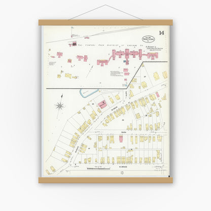 Old map wall art mockup — magnetic wood frame on white wall — Sanborn Fire Insurance Map from Nanticoke, Luzerne County, Pennsylvania (1907), Sheet #0014