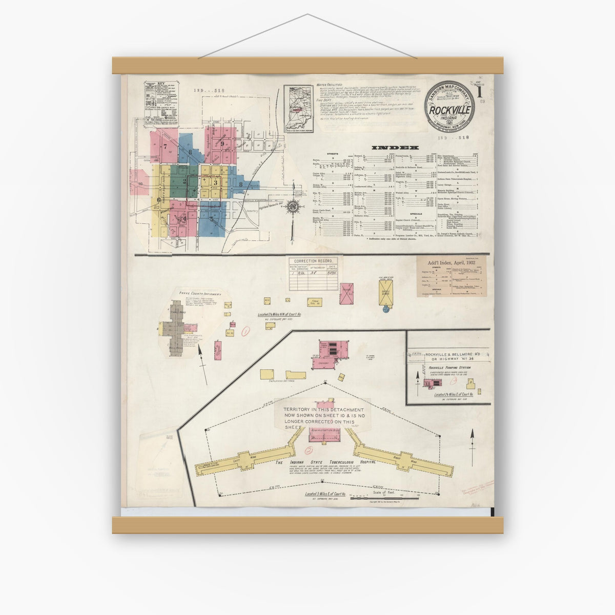Old map wall art mockup — magnetic wood frame on white wall — Sanborn Fire Insurance Map from Rockville, Parke County, Indiana (1932) - Complete Map Set