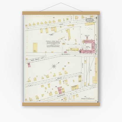 Old map wall art mockup — magnetic wood frame on white wall — Sanborn Fire Insurance Map from Durham, Durham County, North Carolina (1893), Sheet #0004
