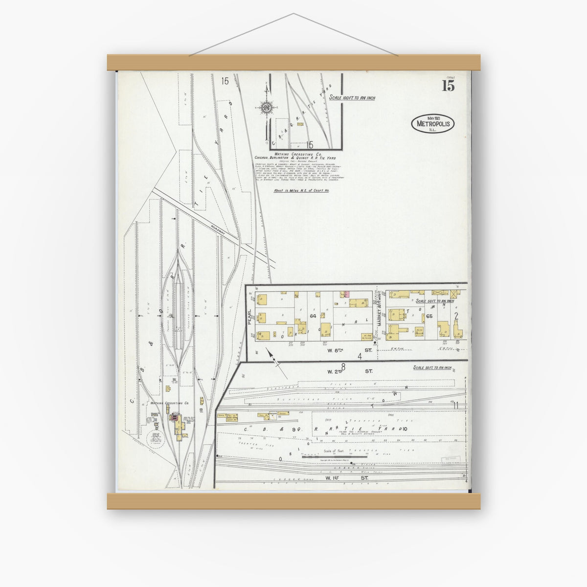 Old map wall art mockup — magnetic wood frame on white wall — Sanborn Fire Insurance Map from Metropolis, Massac County, Illinois (1921), Sheet #0015