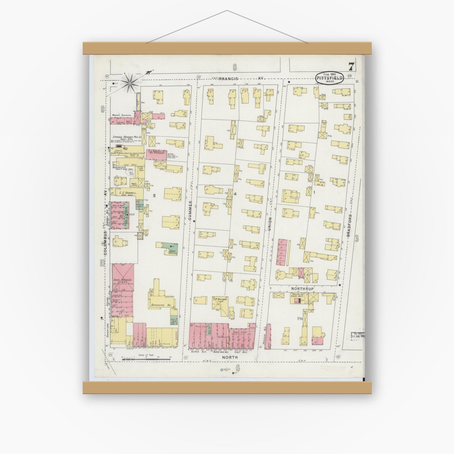Old map wall art mockup — magnetic wood frame on white wall — Sanborn Fire Insurance Map from Pittsfield, Berkshire County, Massachusetts (1895), Sheet #0007