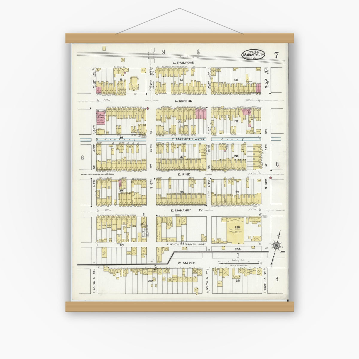 Old map wall art mockup — magnetic wood frame on white wall — Sanborn Fire Insurance Map from Mahanoy City, Schuylkill County, Pennsylvania (1920), Sheet #0007