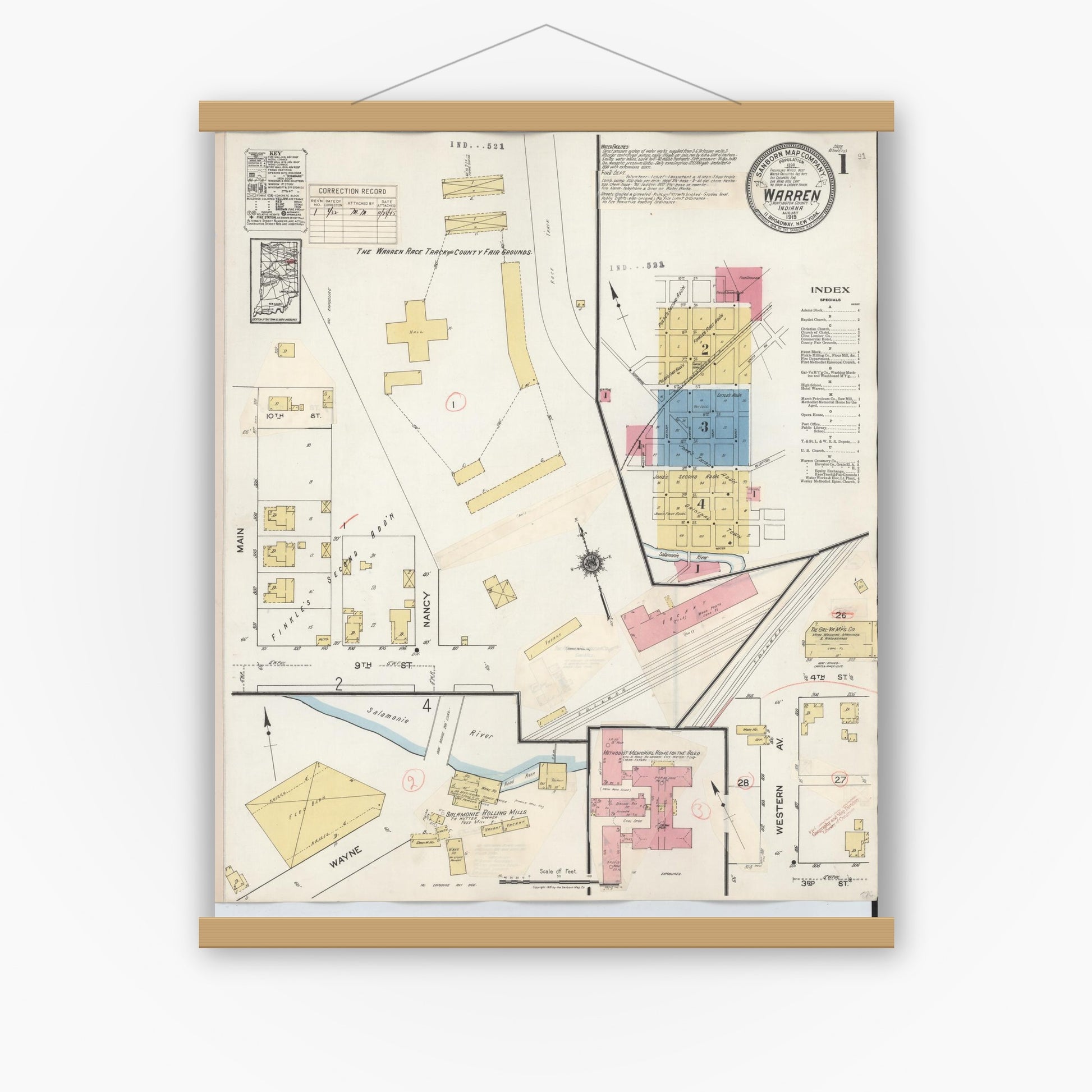 Old map wall art mockup — magnetic wood frame on white wall — Sanborn Fire Insurance Map from Warren, Huntington County, Indiana (1932) - Complete Map Set