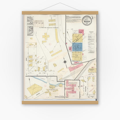 Old map wall art mockup — magnetic wood frame on white wall — Sanborn Fire Insurance Map from Warren, Huntington County, Indiana (1932) - Complete Map Set