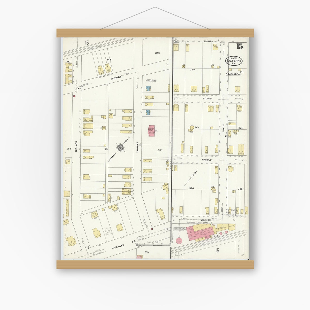 Old map wall art mockup — magnetic wood frame on white wall — Sanborn Fire Insurance Map from Luzerne, Luzerne County, Pennsylvania (1911), Sheet #0015