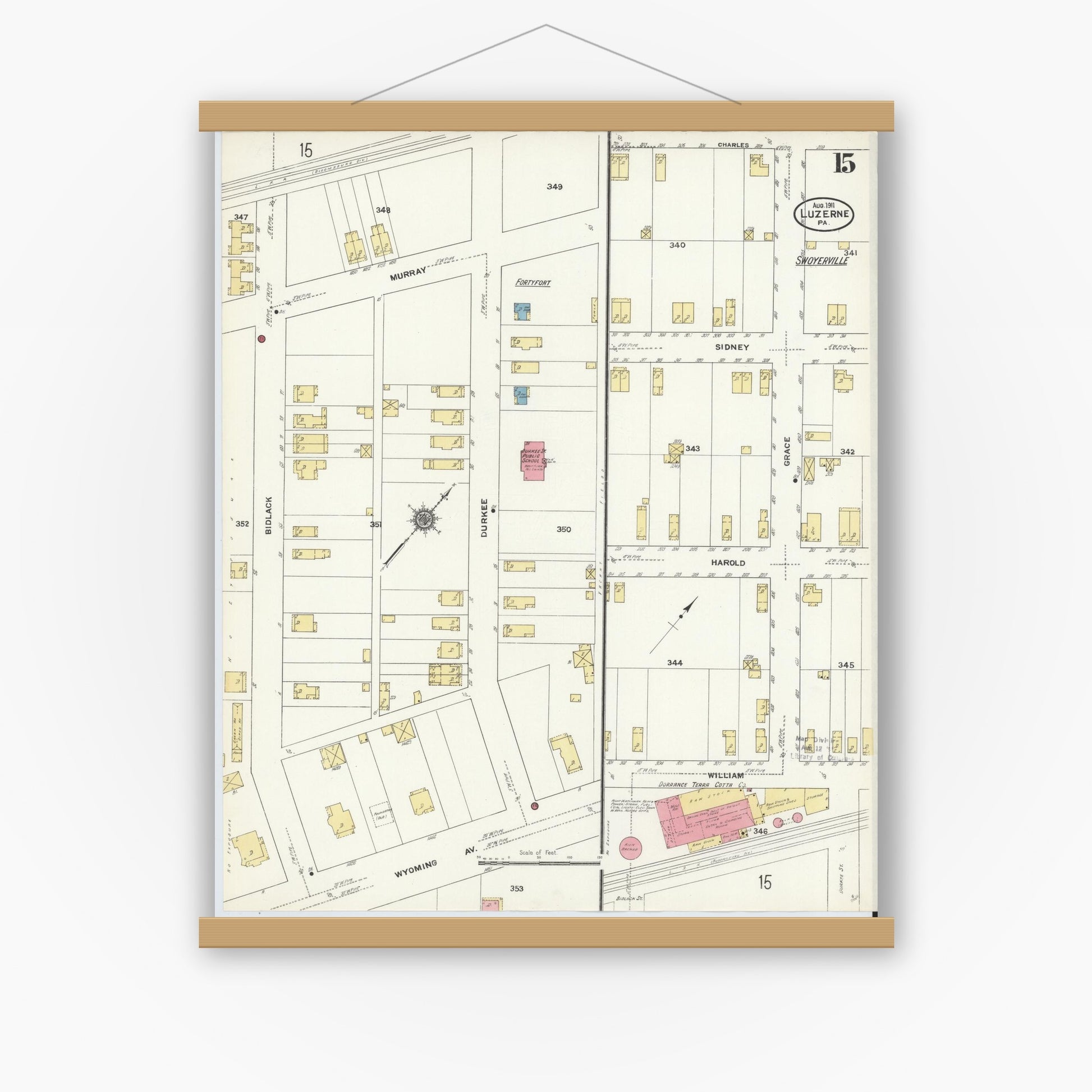 Old map wall art mockup — magnetic wood frame on white wall — Sanborn Fire Insurance Map from Luzerne, Luzerne County, Pennsylvania (1911), Sheet #0015