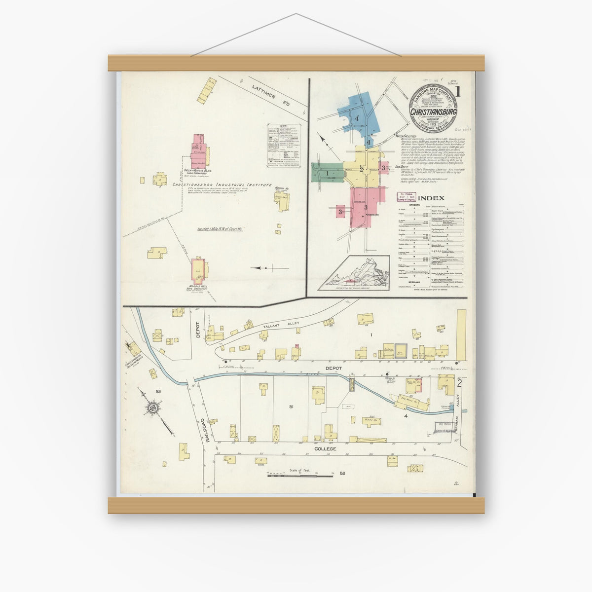 Old map wall art mockup — magnetic wood frame on white wall — Sanborn Fire Insurance Map from Christiansburg, Montgomery County, Virginia (1913), Sheet #0001