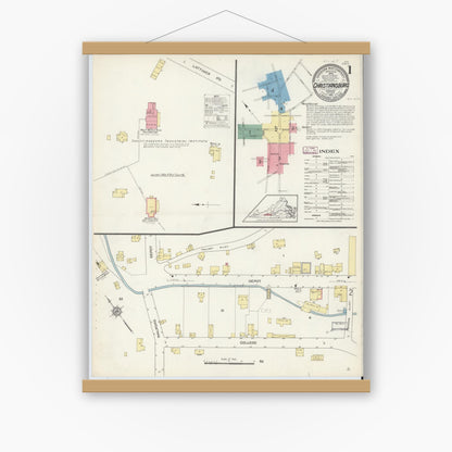 Old map wall art mockup — magnetic wood frame on white wall — Sanborn Fire Insurance Map from Christiansburg, Montgomery County, Virginia (1913), Sheet #0001