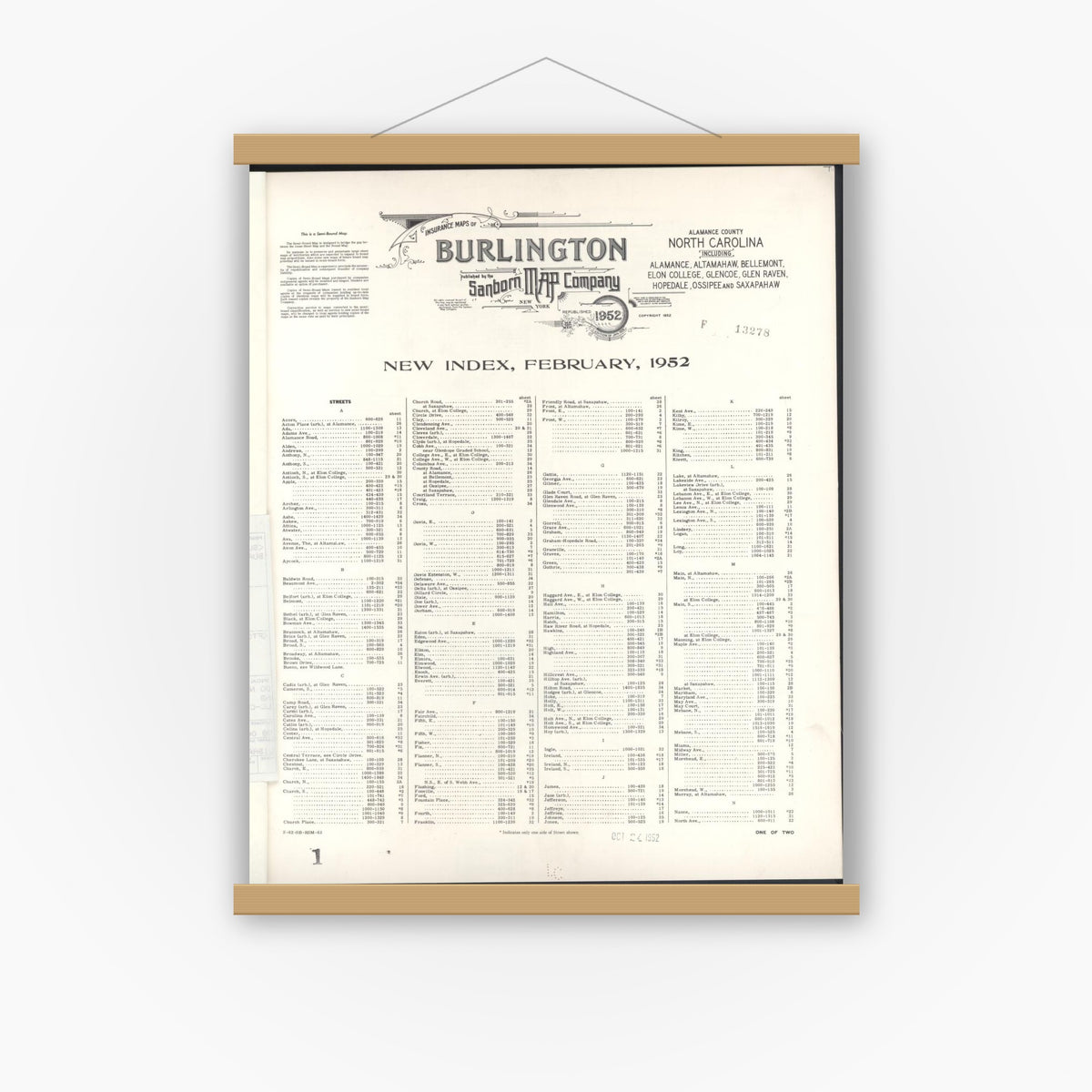 Old map wall art mockup — magnetic wood frame on white wall — Sanborn Fire Insurance Map from Burlington, Alamance County, North Carolina (1952), Sheet #0001