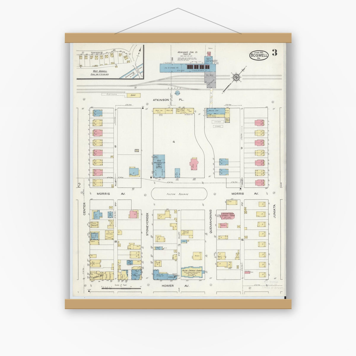 Old map wall art mockup — magnetic wood frame on white wall — Sanborn Fire Insurance Map from Boswell, Somerset County, Pennsylvania (1916), Sheet #0003