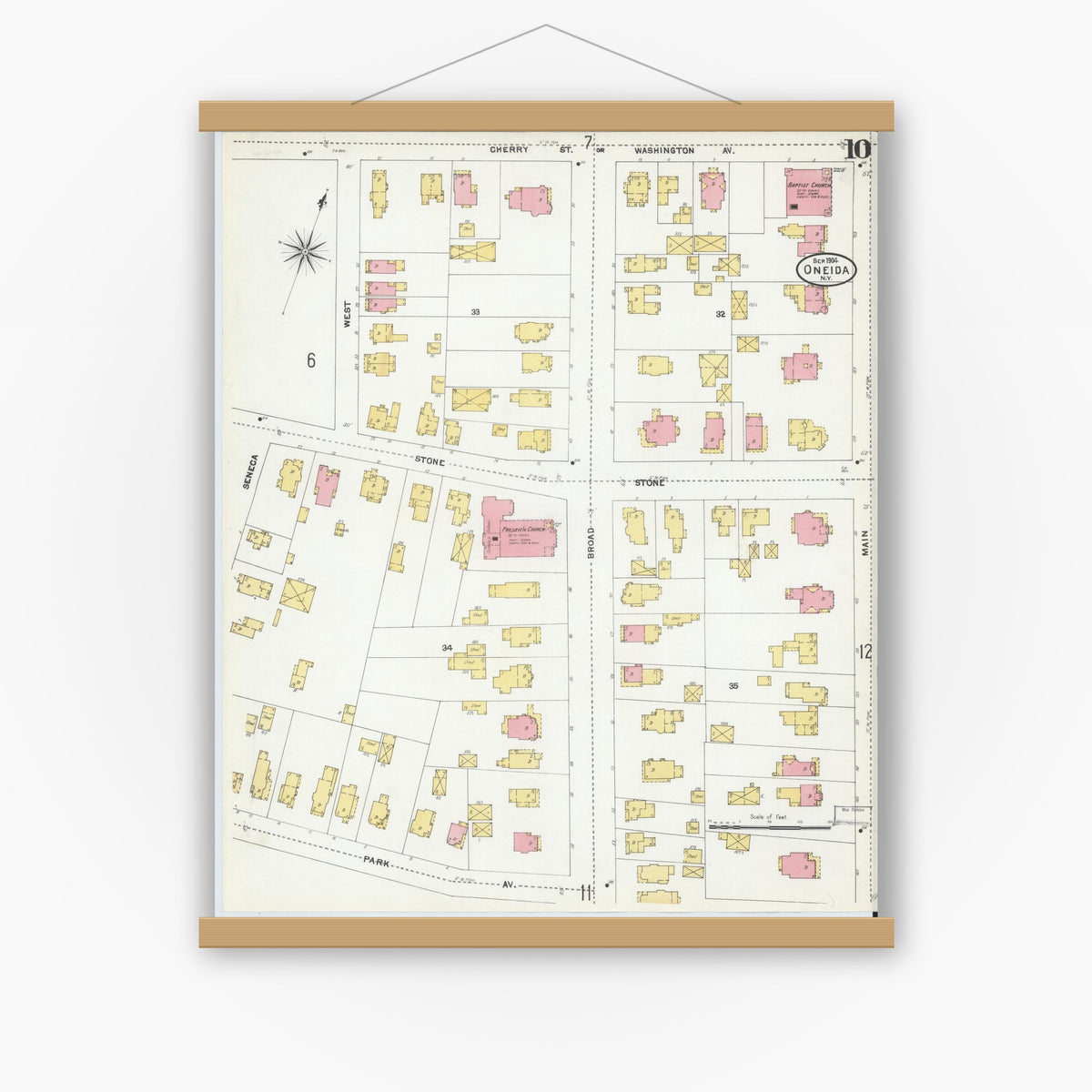 Old map wall art mockup — magnetic wood frame on white wall — Sanborn Fire Insurance Map from Oneida, Madison County, New York (1904), Sheet #0009