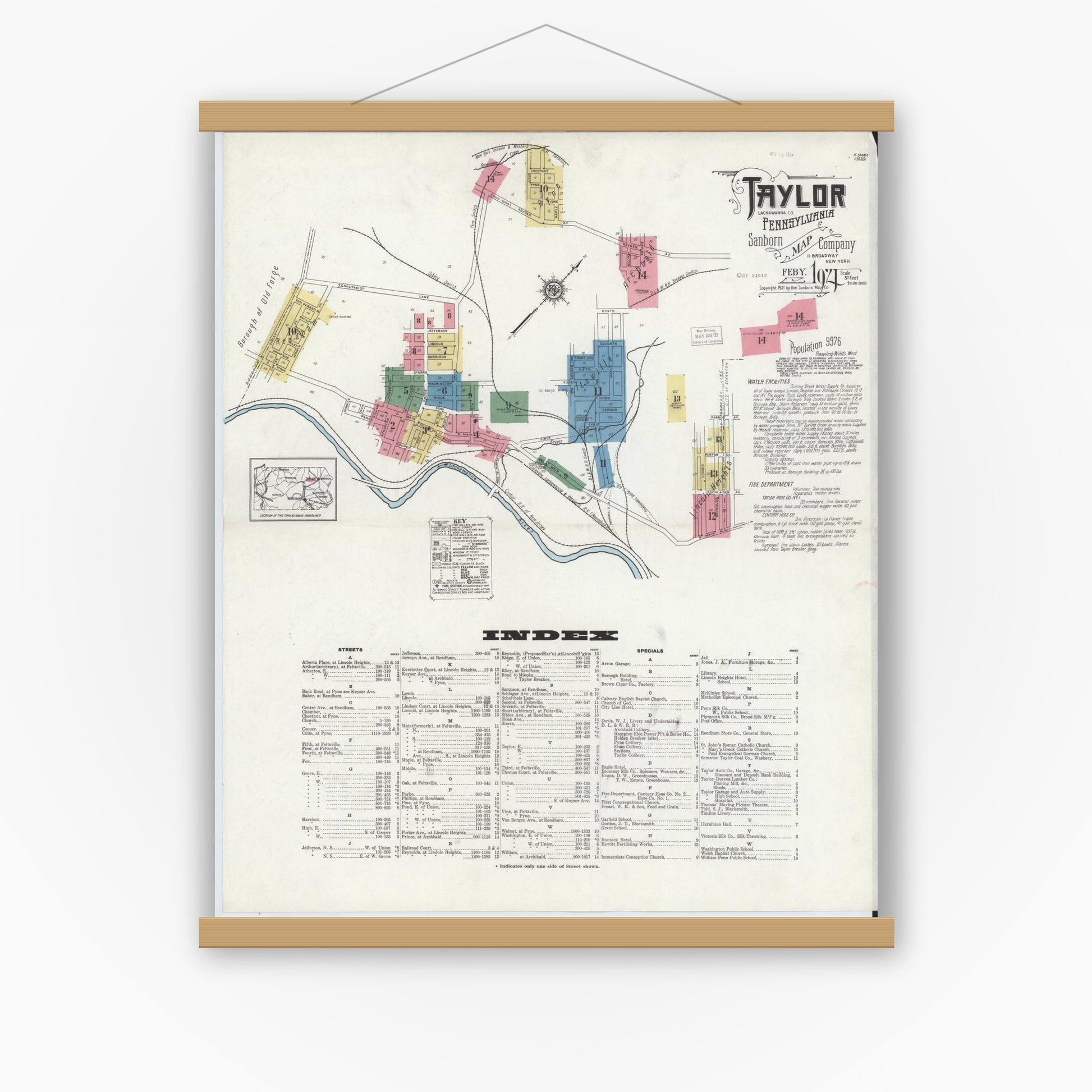 Old map wall art mockup — magnetic wood frame on white wall — Sanborn Fire Insurance Map from Taylor, Lackawanna County, Pennsylvania (1921) - Complete Map Set