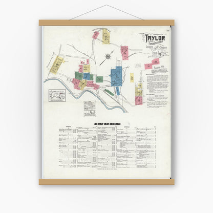Old map wall art mockup — magnetic wood frame on white wall — Sanborn Fire Insurance Map from Taylor, Lackawanna County, Pennsylvania (1921) - Complete Map Set
