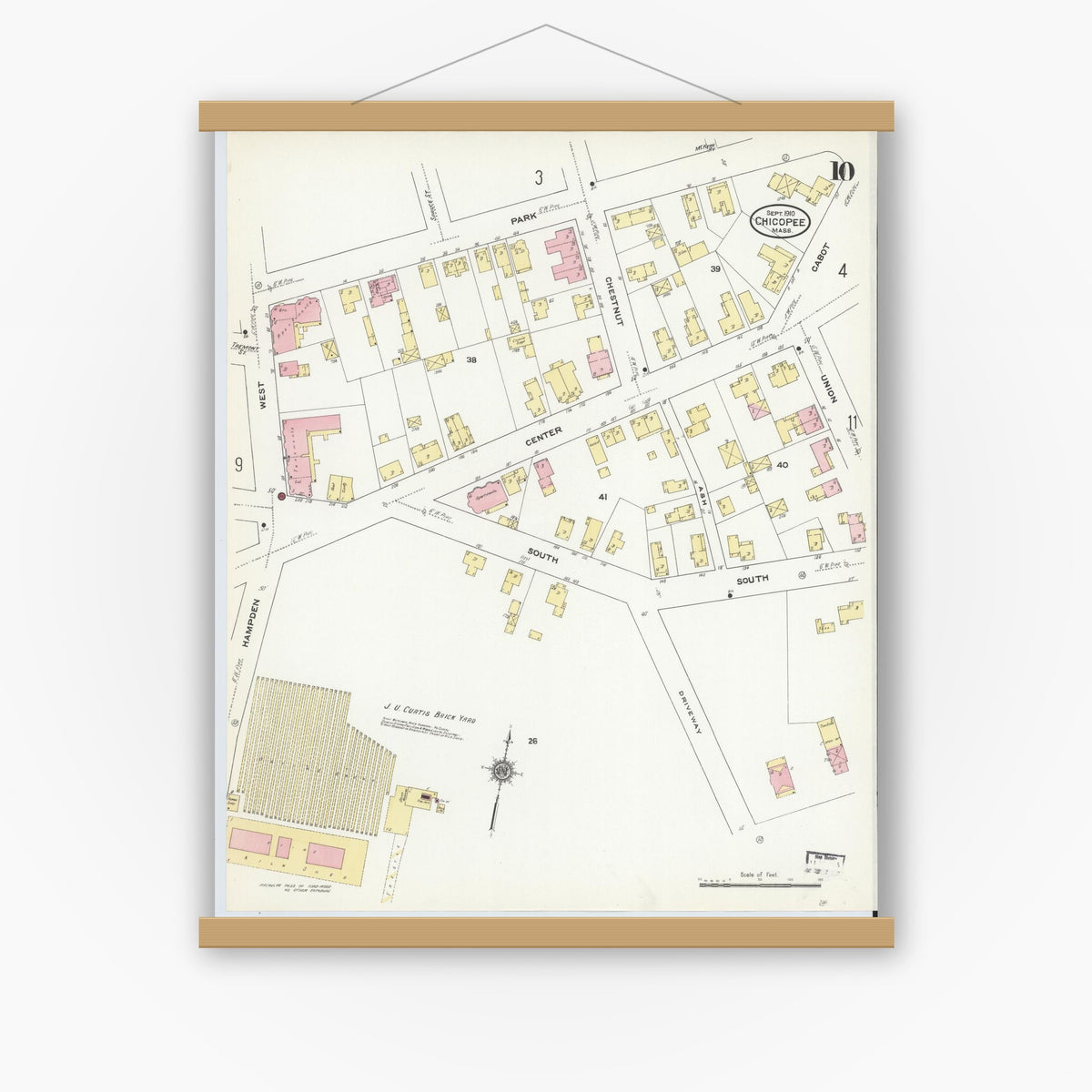 Old map wall art mockup — magnetic wood frame on white wall — Sanborn Fire Insurance Map from Chicopee, Hampden County, Massachusetts (1910), Sheet #0010