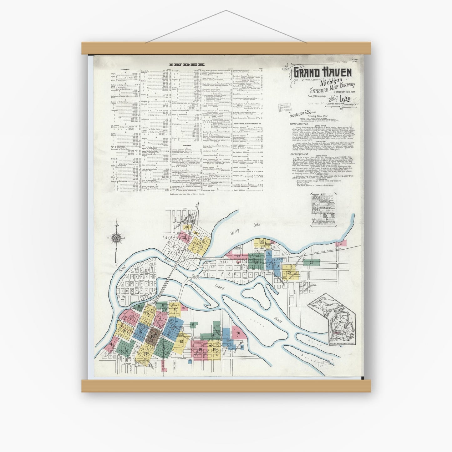 Old map wall art mockup — magnetic wood frame on white wall — Sanborn Fire Insurance Map from Grand Haven, Ottawa County, Michigan (1920) - Complete Map Set