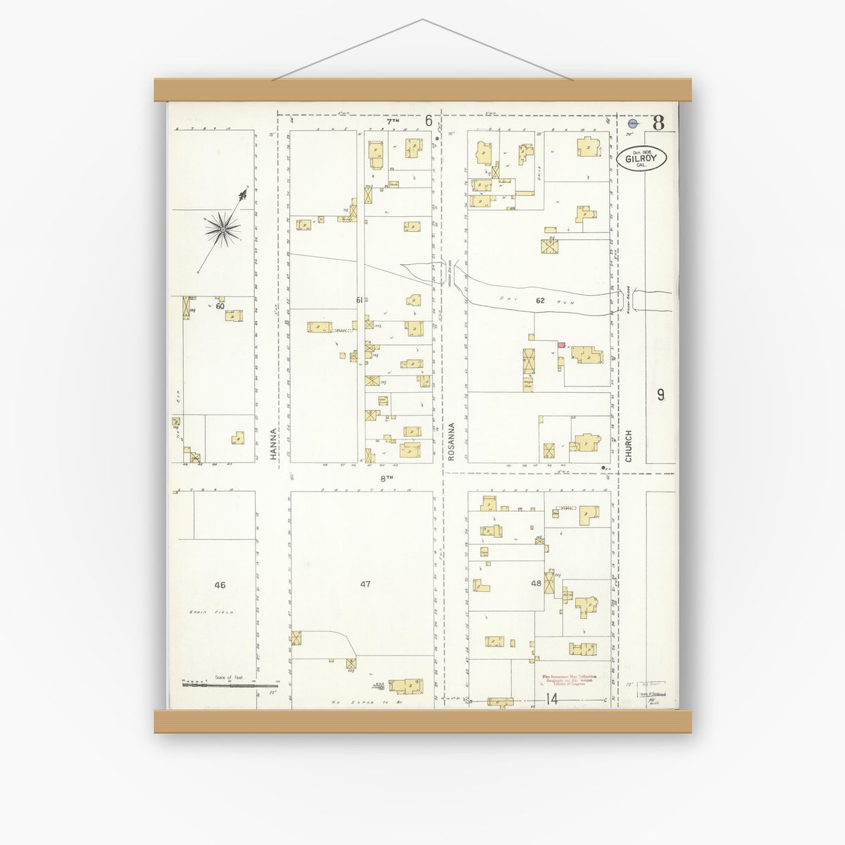 Old map wall art mockup — magnetic wood frame on white wall — Sanborn Fire Insurance Map from Gilroy, Santa Clara County, California (1906), Sheet #0008