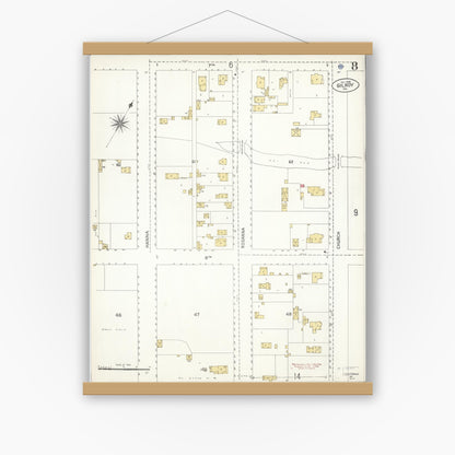 Old map wall art mockup — magnetic wood frame on white wall — Sanborn Fire Insurance Map from Gilroy, Santa Clara County, California (1906), Sheet #0008