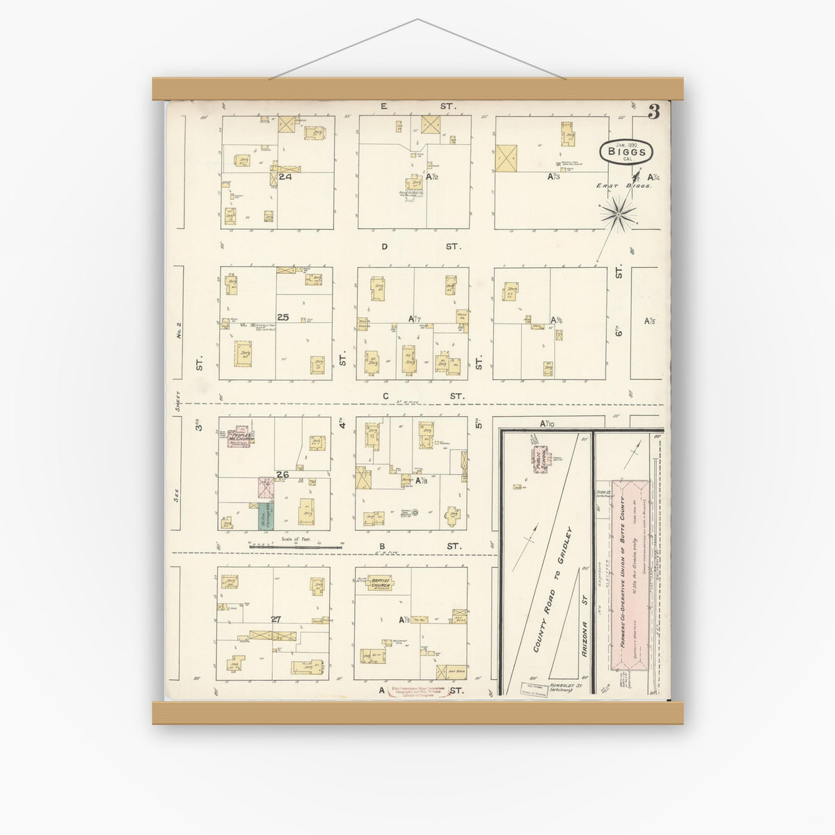 Old map wall art mockup — magnetic wood frame on white wall — Sanborn Fire Insurance Map from Biggs, Butte County, California (1890), Sheet #0003