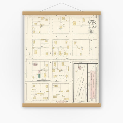 Old map wall art mockup — magnetic wood frame on white wall — Sanborn Fire Insurance Map from Biggs, Butte County, California (1890), Sheet #0003