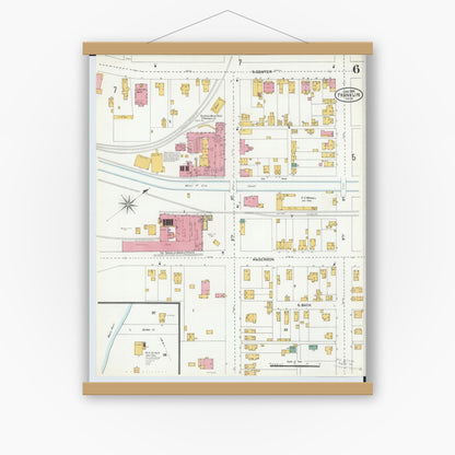 Old map wall art mockup — magnetic wood frame on white wall — Sanborn Fire Insurance Map from Franklin, Warren County, Ohio (1905), Sheet #0006