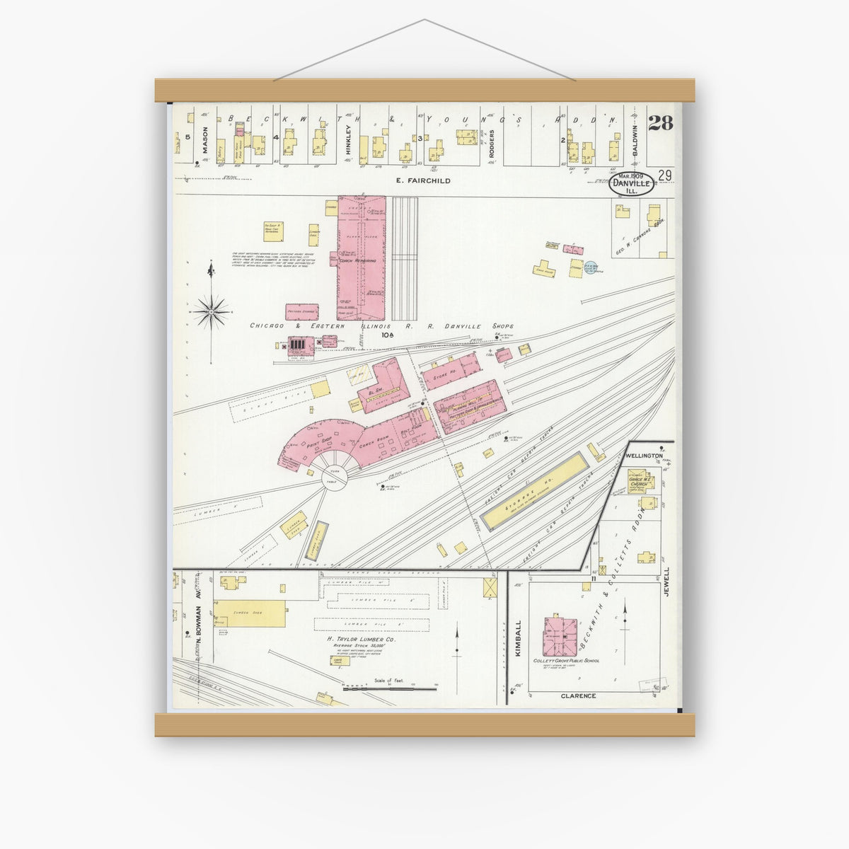 Old map wall art mockup — magnetic wood frame on white wall — Sanborn Fire Insurance Map from Danville, Vermilion County, Illinois (1909), Sheet #0028