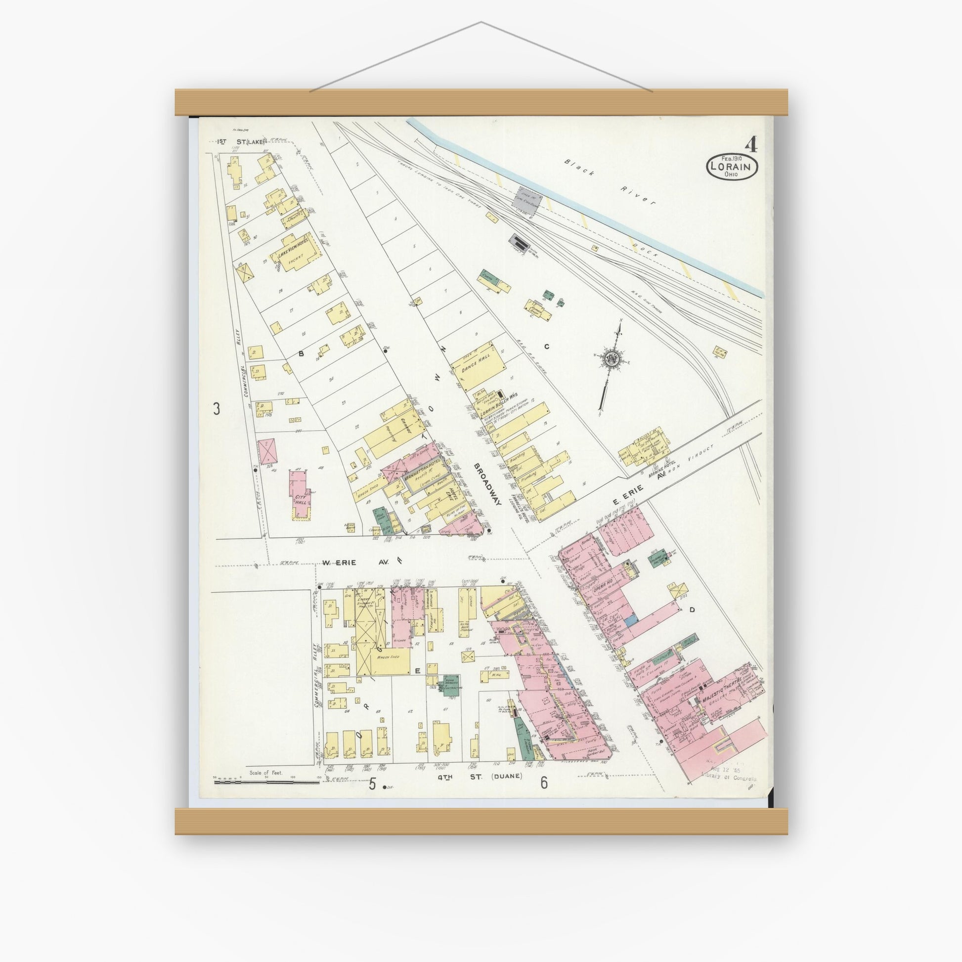 Old map wall art mockup — magnetic wood frame on white wall — Sanborn Fire Insurance Map from Lorain, Lorain County, Ohio (1910), Sheet #0004