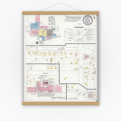 Old map wall art mockup — magnetic wood frame on white wall — Sanborn Fire Insurance Map from Delta, Fulton County, Ohio (1910), Sheet #0001