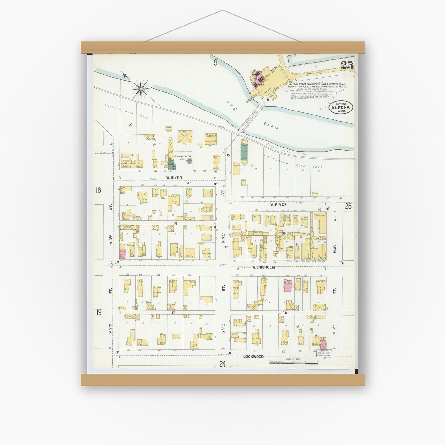 Old map wall art mockup — magnetic wood frame on white wall — Sanborn Fire Insurance Map from Alpena, Alpena County, Michigan (1901), Sheet #0025
