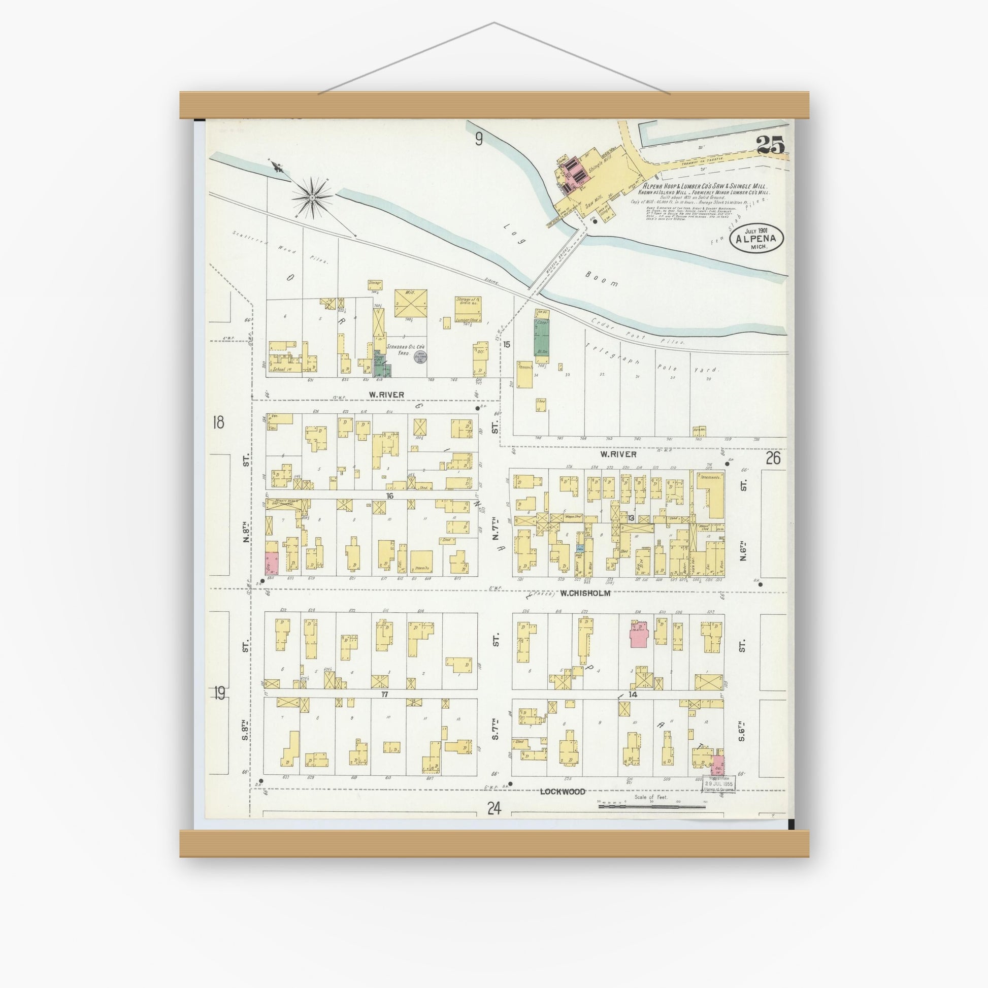 Old map wall art mockup — magnetic wood frame on white wall — Sanborn Fire Insurance Map from Alpena, Alpena County, Michigan (1901), Sheet #0025