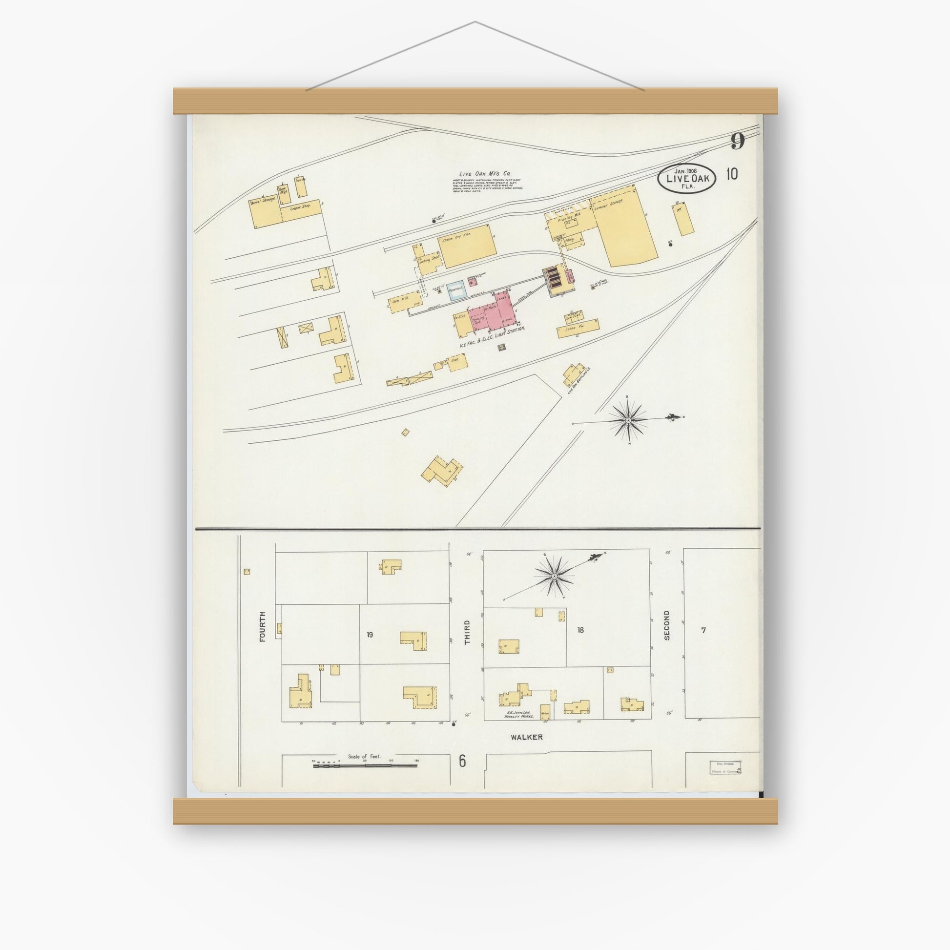 Old map wall art mockup — magnetic wood frame on white wall — Sanborn Fire Insurance Map from Live Oak, Suwanee County, Florida (1906), Sheet #0009
