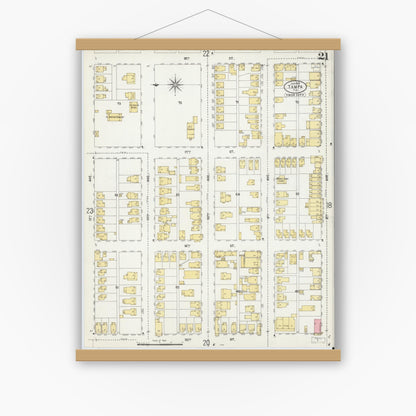 Old map wall art mockup — magnetic wood frame on white wall — Sanborn Fire Insurance Map from Tampa, Hillsborough County, Florida (1899), Sheet #0021